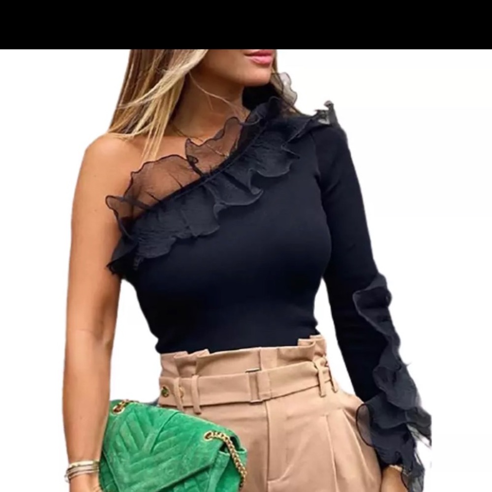 One Shoulder Mesh Ruffles Patchwork Top Long M - image 1